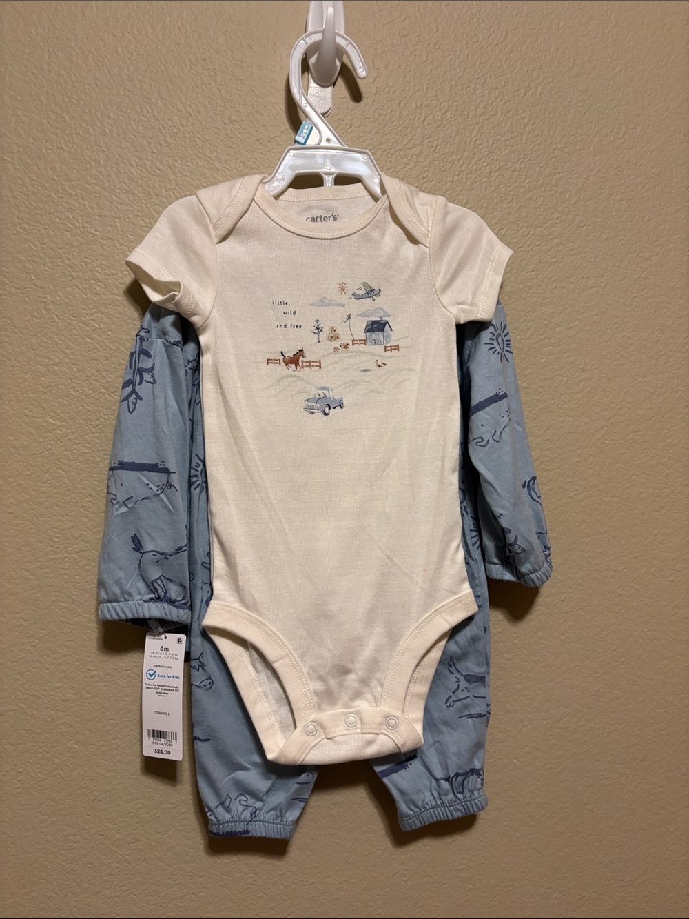 Carter's Cream & Blue Baby Three-Piece Set with Playful Farm Print